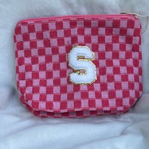 Pink Checkered Travel Bathroom Bag with Initial 'S'